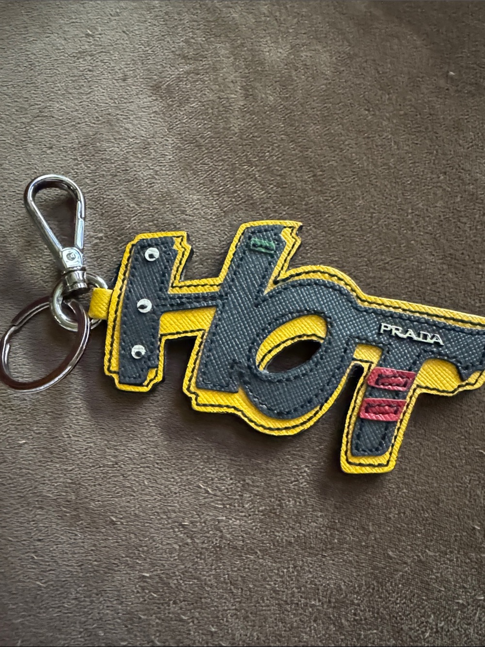Prada Black & Yellow 'Hot' Leather Charm with Red Stitch Detail